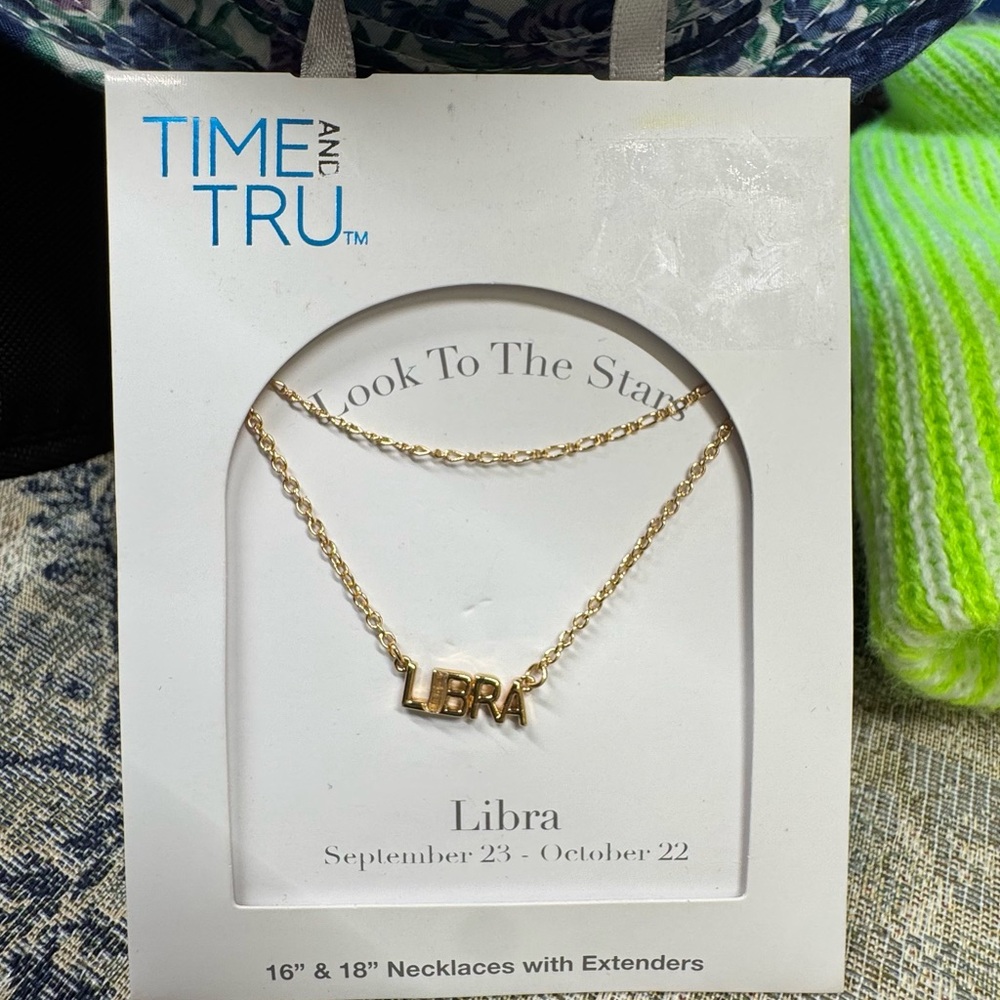 Time and Tru Goldtone Zodiac‎ Birth Necklace Set Libra crystal accent 16”…